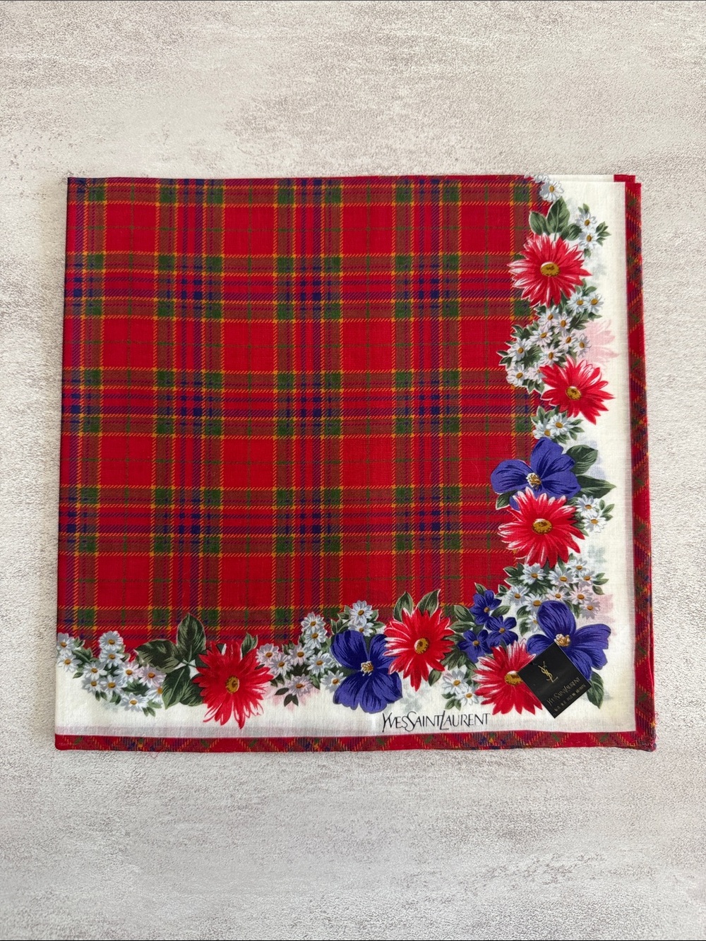 Yves Saint Laurent Red Plaid Floral cotton handkerchief